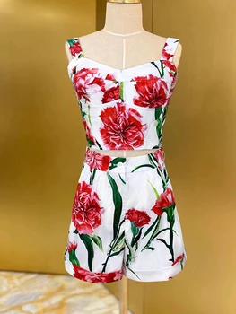 Модный Летний комплект женских шорт из хлопка с цветочным принтом, короткий топ на бретельках + Сексуальные шорты, Праздничная вечеринка