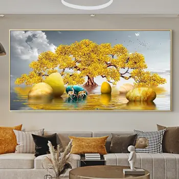 Золотое Богатое Дерево Холст Картина Настенное искусство Олень Пейзаж Счастливый Камень Настенный Плакат