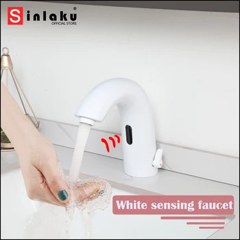 SINLAKU Белый Смеситель для умывальника в ванной комнате С автоматическим датчиком, установленный на бортике, без соприкосновения с кранами для горячей и холодной воды