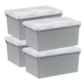 IRIS США, Пластиковая коробка для писем с крылатой крышкой, серый корпус с прозрачной крышкой, Набор из 4 ящиков для хранения, коробка-органайзер, контейнеры для хранения
