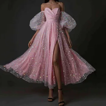 Блестящая Розовая Элегантная юбка принцессы с пайетками, Фатиновое коктейльное платье для выпускного вечера с высоким разрезом, Вечернее платье для встречи выпускников, 15 лет, Вечеринка по случаю дня рождения