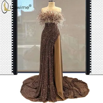 Вечерние платья из Дубая с коричневыми перьями 2020, Вечерние платья Русалки с разрезом без бретелек, Вечерние платья в арабском стиле, Праздничное платье в арабском стиле