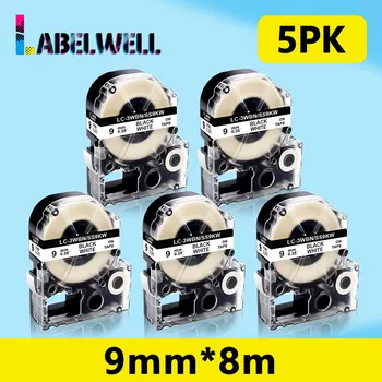 Labelwell 5шт 9 мм SS9KW LC-3WBN Лента для этикеток черного цвета на белом, совместимая с Epson Kingjim SS9KW LW-300 LW-400 LW-600P производитель этикеток