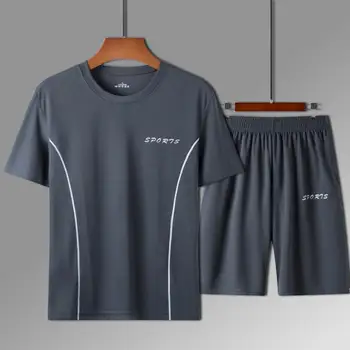 Мягкая Мужская футболка, Комплект шорт, быстросохнущий Свободный Мужской летний спортивный костюм для бега Трусцой с эластичной резинкой на талии, Мужской спортивный костюм, Мужская одежда