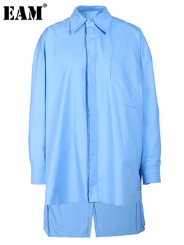 [EAM] Женская Синяя Нерегулярная Длинная Блузка Большого Размера, Новая Рубашка Свободного Кроя с Отворотом и Длинным рукавом, Модная Весна-Осень 2023 17A9362205