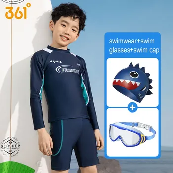 361 ° Мальчик, двойка, защита от ультрафиолетового солнца, водонепроницаемая рубашка для плавания + Плавки, Очки для серфинга, Детские быстросохнущие пляжные шорты, шапочки