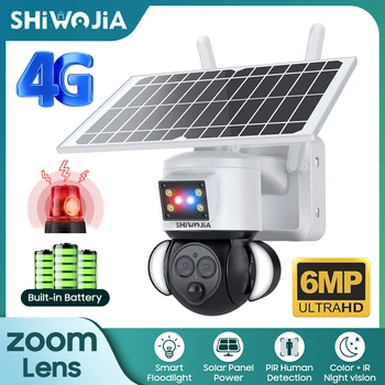 SHIWOJIA 3K 6MP 4G Солнечная Камера с 12-Кратным Оптическим Зумом, Двухобъективная Наружная Камера Гуманоидного Слежения CCTV AI, Красно-Синяя Световая Сигнализация