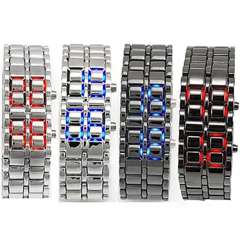 Модные Мужские Женские Металлические цифровые наручные часы Lava Iron Samurai со светодиодным дисплеем, Безликий браслет, Кварцевые Электронные наручные часы