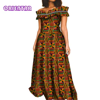 Модные Африканские Платья для женщин с вырезом Лодочкой, Платье Анкара, Длинное Платье Дашики с Африканским Принтом, Bazin Riche, Африканское платье Макси WY8409