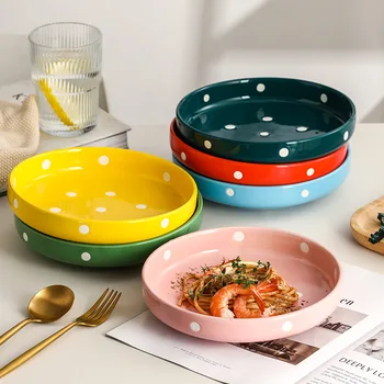 Керамические тарелки, креативное глубокое блюдо, Большая бытовая посуда в скандинавский горошек, простая посуда, Квадратный диск, суповая тарелка