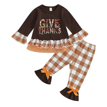 Комплект брюк для маленьких девочек, футболка в стиле пэчворк с буквенным принтом и клетчатые брюки, осенний наряд, одежда на День благодарения