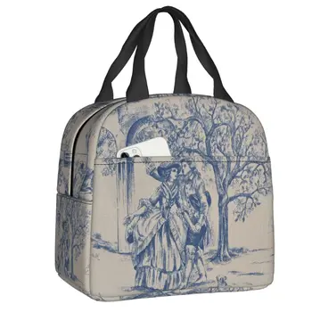 Французский Toile De Jouy Темно-синий с рисунком, Термоизолированная сумка для ланча, контейнер для ланча для пикника на открытом воздухе, коробка для еды