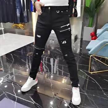 Роскошные мужские уличные корейские черные джинсы 2023 года с потрепанными отверстиями на молнии, дизайнерские молодежные трендовые облегающие черные хлопчатобумажные брюки черного цвета
