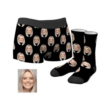 Комплект боксерских шорт и носков для лица мужа на заказ, индивидуальный комплект боксерских шорт для бойфренда - подарок на день Святого Валентина- подарок для папы
