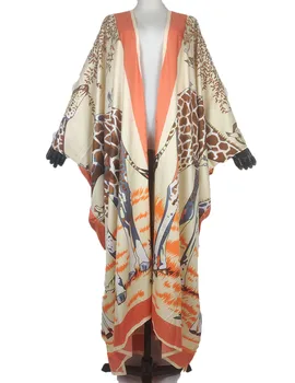 Африканская мода, Нерегулярный Саржевый шелковый пляжный Бикини с принтом, платье-кафтан для женщин, большие размеры, Традиционные мусульманские кимоно