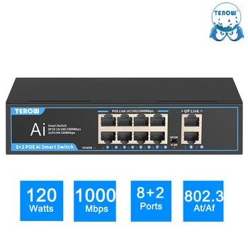 Гигабитный коммутатор TEROW 10/100/1000 Мбит/с, 8 Портов POE + 2 Порта восходящей линии связи 52V VLAN 802.3 AF/AT, сетевой коммутатор для IP-камеры/Беспроводной точки доступа/NRV