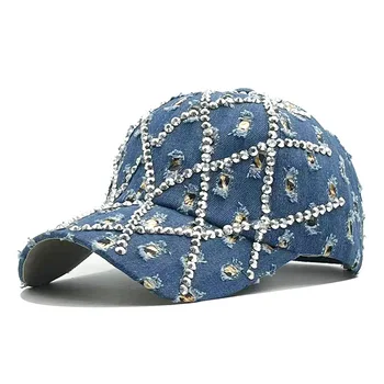 Шляпа Женская с дырками, Джинсовая бейсболка со стразами, Корейская мода, леопардовый узор, Регулируемая Солнцезащитная шляпа