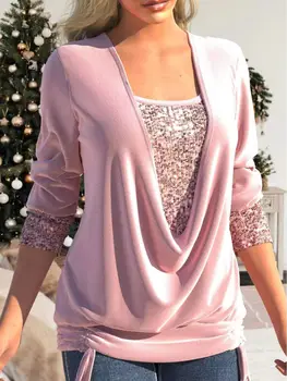 Женская рубашка с длинным рукавом и пайетками, однотонный женский топ в стиле пэчворк с V-образным вырезом, Повседневная Свободная рубашка на шнурке с длинным рукавом, осень