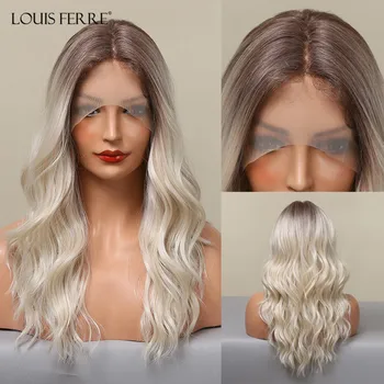LOUIS FERRE 13 * 1 Т-Образный Парик на кружеве для белых Женщин Длинные Светлые Волнистые Синтетические Парики для тела Омбре Платиновые Натуральные волосы