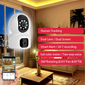 Двухобъективная WIFI PTZ-камера с двойным экраном Радионяня AI Human Автоматическое Отслеживание Безопасности дома в помещении