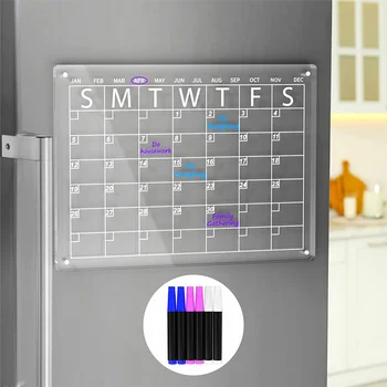 Акриловый магнитный календарь для сухого стирания на доске для холодильника, 16X12 дюймов, прозрачный Календарь для сухого стирания, включает в себя 6 маркеров