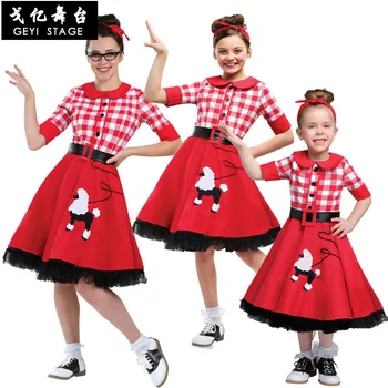Женский костюм для родителей и детей на Хэллоуин, всемирно известная семейная серия пятидесятых, красное платье в синюю клетку в горошек