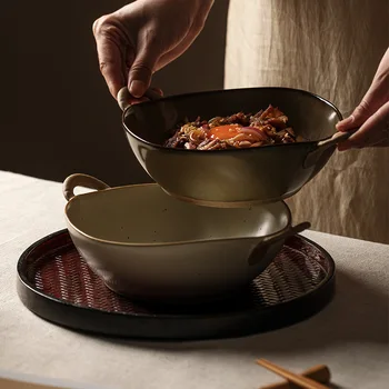 Японская ретро-миска для супа из грубой керамики с защитой от обжига уха, керамическая салатница, миска для ламианской лапши, бытовая реклама