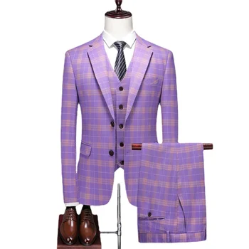 (Куртка + жилет + брюки) Брендовый Классический клетчатый мужской деловой приталенный костюм, комплект из 3 предметов, платье для свадебной вечеринки жениха, Большие размеры 5XL