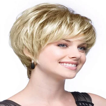 Короткие светлые костюмные парики для белых женщин, Многослойные смешанные светлые парики с челкой, сменный парик из синтетических коротких волос