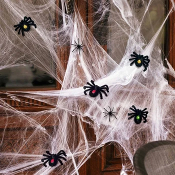 Украшение паутиной на Хэллоуин, Растягивающаяся паутина с черными пауками в комплекте, реалистичный орнамент, игрушка ужасов