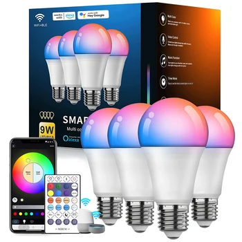 Светодиодная Умная Лампа A19 E26/E27, Меняющая Цвет, Светодиодная лампа с Синхронизацией музыки, Wi-Fi и BLE 5,0 с Регулируемой Яркостью RGB, Умное Домашнее Освещение