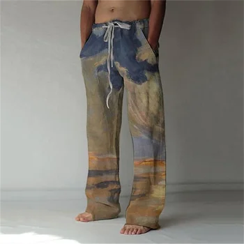 2023 Летние мужские Мешковатые пляжные брюки с эластичным рисунком на шнурке и пейзажным принтом, удобные, мягкие и повседневные, притворись
