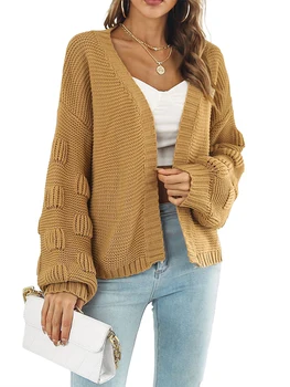 Женский свитер-кардиган крупной вязки Осень-зима 2023, свитер с открытой передней частью и длинными рукавами - стильная и уютная верхняя одежда