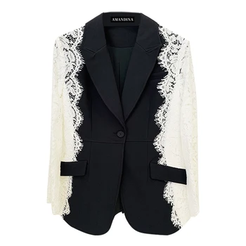 Роскошный Черный пиджак-блейзер Amandina с белым кружевом, Приталенный Пиджак-блейзер с контрастной кружевной отстрочкой на одной пуговице