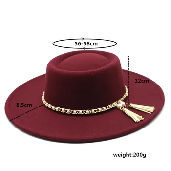 Бордовая шерстяная шляпа с куполом, женская фетровая шляпа с жемчужной цепочкой, осенне-зимняя элегантная шляпа с большими полями, монохромная панама