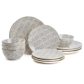 Столовая посуда из керамогранита в черно-белый горошек, набор из 12 предметов