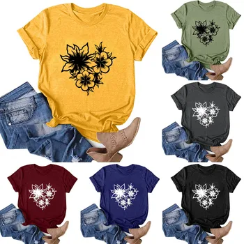 Женская Повседневная футболка с короткими рукавами и круглым вырезом с принтом, свободная блузка, топы, футболка, базовый топ, графический пуловер, винтаж