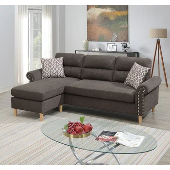 Полифайбер коричневого цвета, Реверсивный секционный диван, набор Шезлонгов, Плюшевая подушка для дивана, Коричневая ткань с гвоздями [США