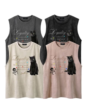 Супер милая Маленькая черная винтажная футболка с котом без рукавов Для мужчин и женщин, Свободная замшевая короткая майка, футболка с черным котом и головой Голлума