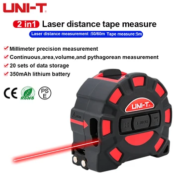 UNI-T 2 в 1 Цифровая Лазерная Рулетка 50 м 60 м Лазерные Дальномеры ЖК-экран с Автоматической Блокировкой 5 м Измерительная лента Дальномер