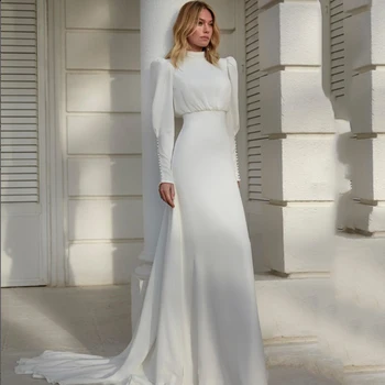Современное белое Свадебное платье с высоким воротом Для женщин, Шифоновое платье-футляр с длинным рукавом, Платье Невесты со шлейфом на пуговицах, Robe de Mariée