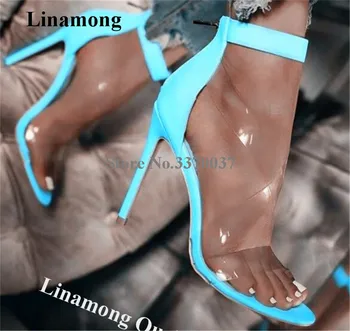 Linamong, Модные женские сандалии-гладиаторы из ПВХ с открытым носком, Синие Прозрачные Сандалии на высоком каблуке Большого Размера
