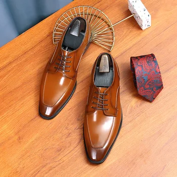 US 6-12 Мужские вечерние туфли высокого класса с острым носком в деловом стиле Дерби, Классические коричневые Лаконичные яркие Офисные Оксфорды для пригородных поездок