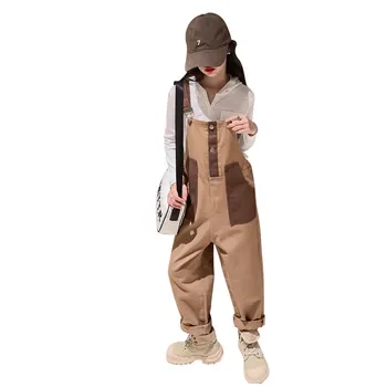 Детский Реверсивный комбинезон для девочек-подростков, Модные Подтяжки для брюк для детей, Весенне-осенний хлопковый комбинезон цвета Хаки в корейском стиле
