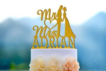 изготовленный на заказ блестящий Топпер для свадебного торта MR & MRS, Силуэт пары с фамилией жениха и невесты, цвет на выбор
