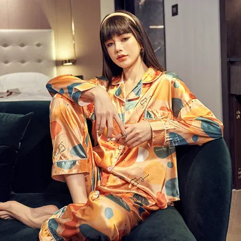 2021 Весенняя Женская Шелковая атласная пижама с цветочным принтом и мультяшным рисунком в горошек, женский пижамный комплект, кардиган с длинными рукавами, пижамы
