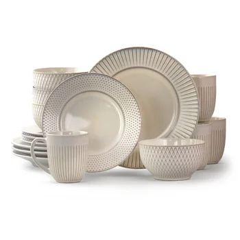На рынке Elama представлен набор круглой керамической посуды из 16 предметов белого цвета с рельефным рисунком