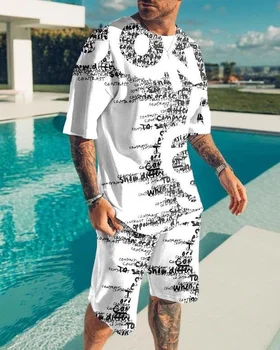 2023 Летняя модная мужская спортивная одежда из двух предметов, футболка с абстрактным 3D-принтом, Уличный мужской комплект Большого размера