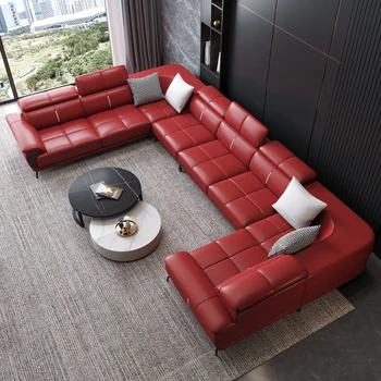 В скандинавском итальянском стиле, большой красный U-образный угловой диван для гостиной, гостиничный клуб, зал KTV, гостиничный кожаный диван