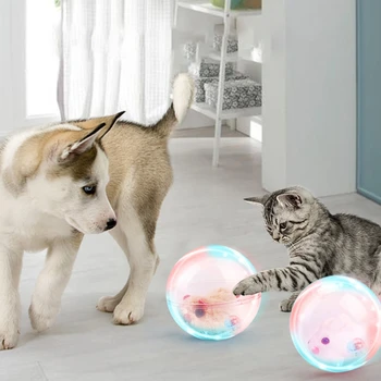 Интерактивный Игрушечный мяч для кошек с подсветкой, Автоматически Перекатывающиеся шарики с милым плюшевым животным внутри, случайное перемещение на батарейках